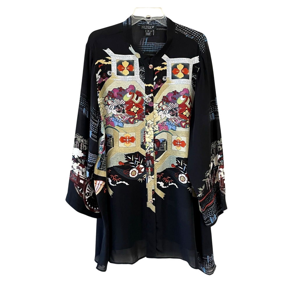 CITRON SANTA MONICA Size 3X Black Art-To-Wear Button-Up Long Sleeve Tunic Top